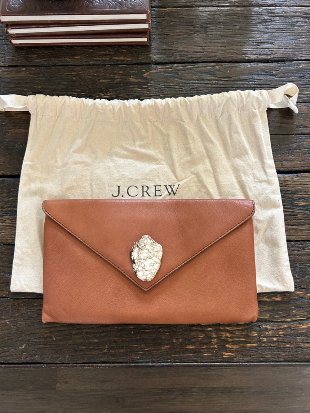 J.Crew Tan Leather Envelope Clutch with White Stone Accent